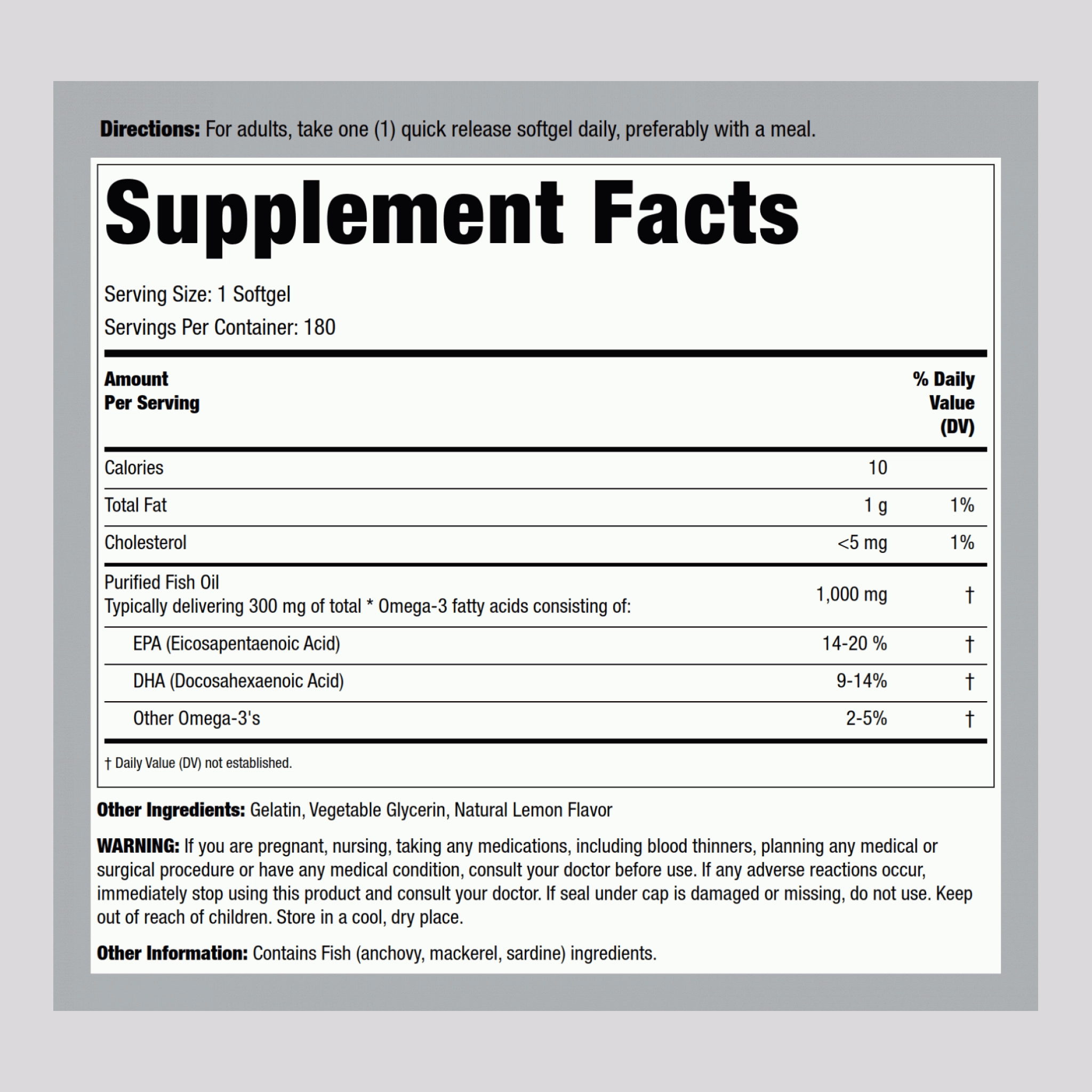 Omega-3 Fish Oil Regular Strength (Lemon), 1000 mg, 180 Quick Release Softgels