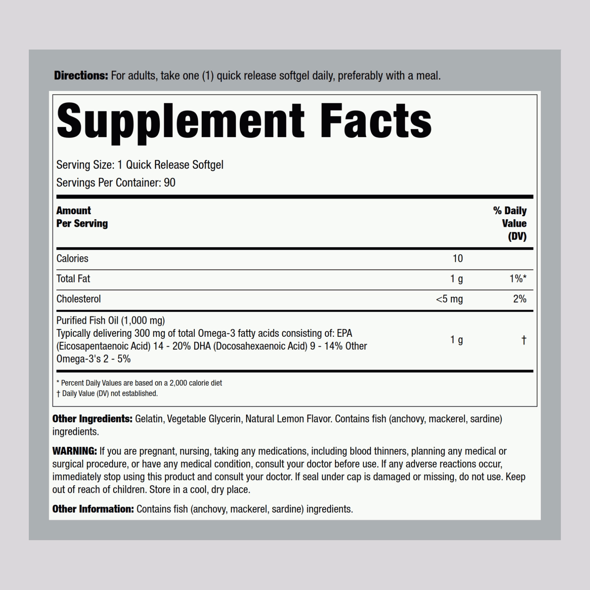 Omega-3 Fish Oil Regular Strength (Lemon), 1000 mg, 90 Quick Release Softgels